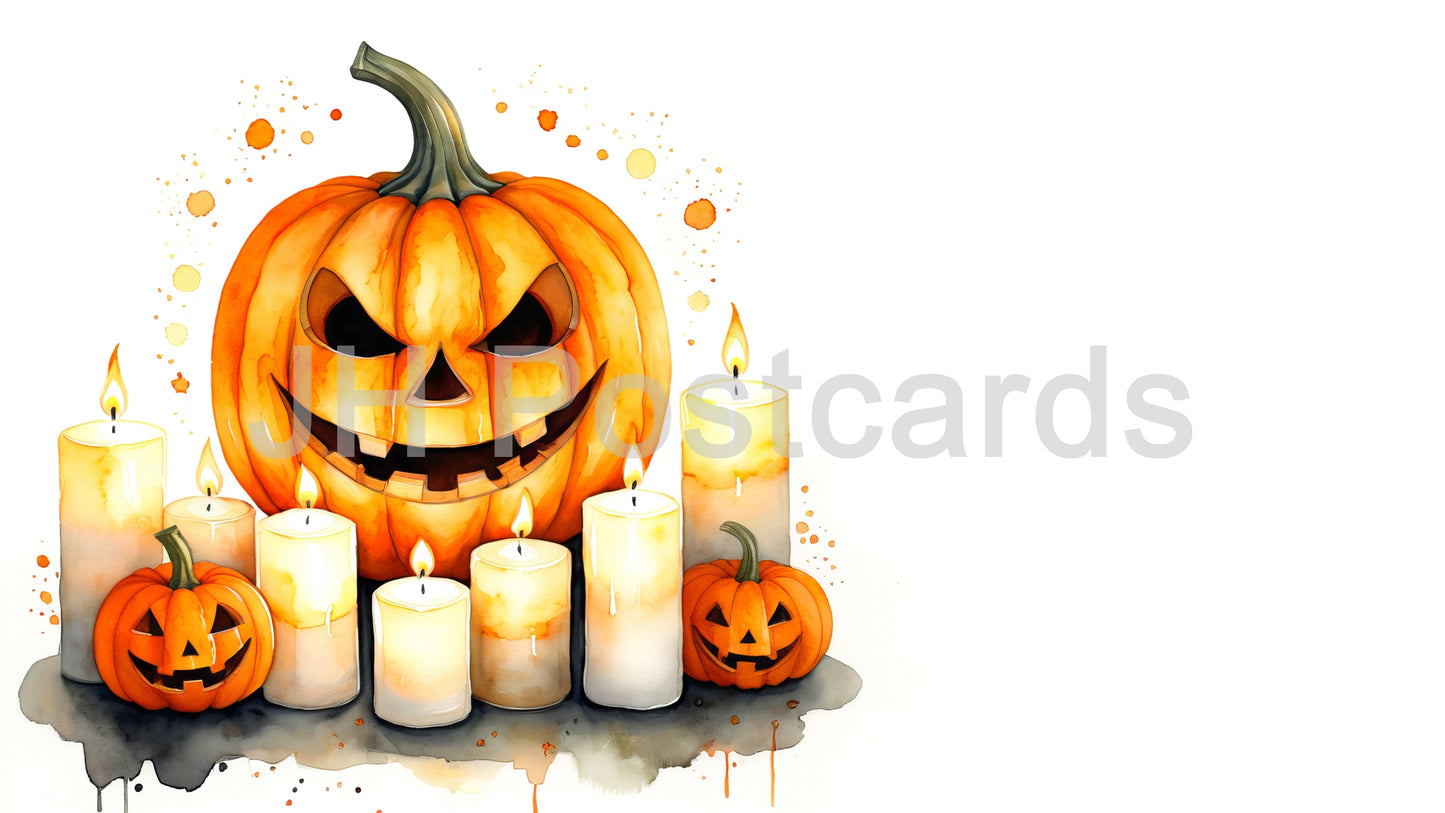 AI Image - A Candlelit Halloween Night: A cozy watercolor painting of a carved pumpkin surrounded by flickering candles. Drawing. Art. Illustration. Copy Space. 1