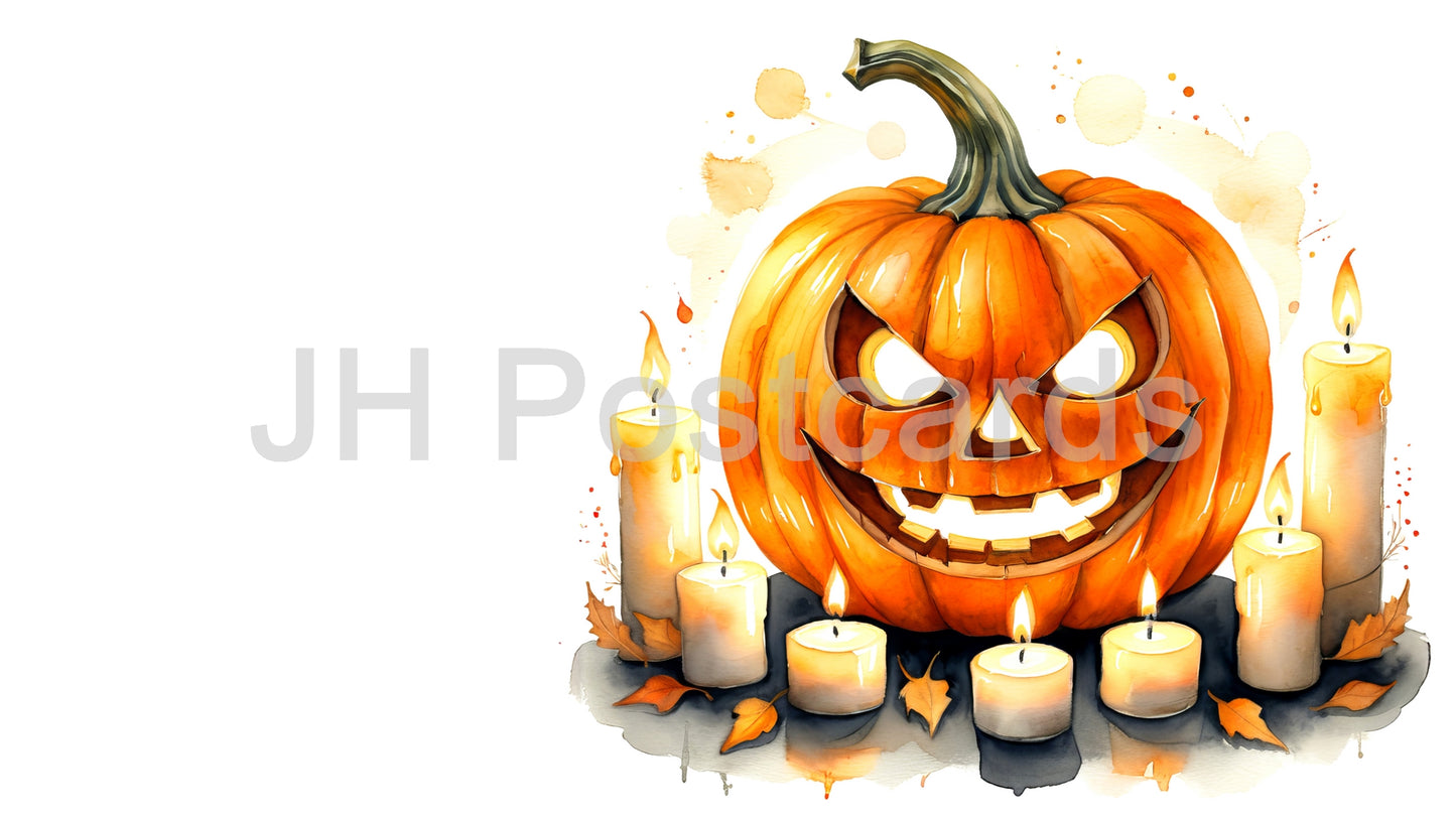 AI Image - A Candlelit Halloween Night: A cozy watercolor painting of a carved pumpkin surrounded by flickering candles. Drawing. Art. Illustration. Copy Space. 2