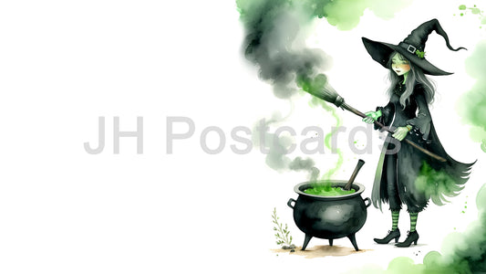 AI Image - A Spooky Spellcasting Scene: A captivating image of a witch casting a spell over a cauldron of bubbling green liquid. Halloween. Drawing. Art. Illustration. Copy Space. 2