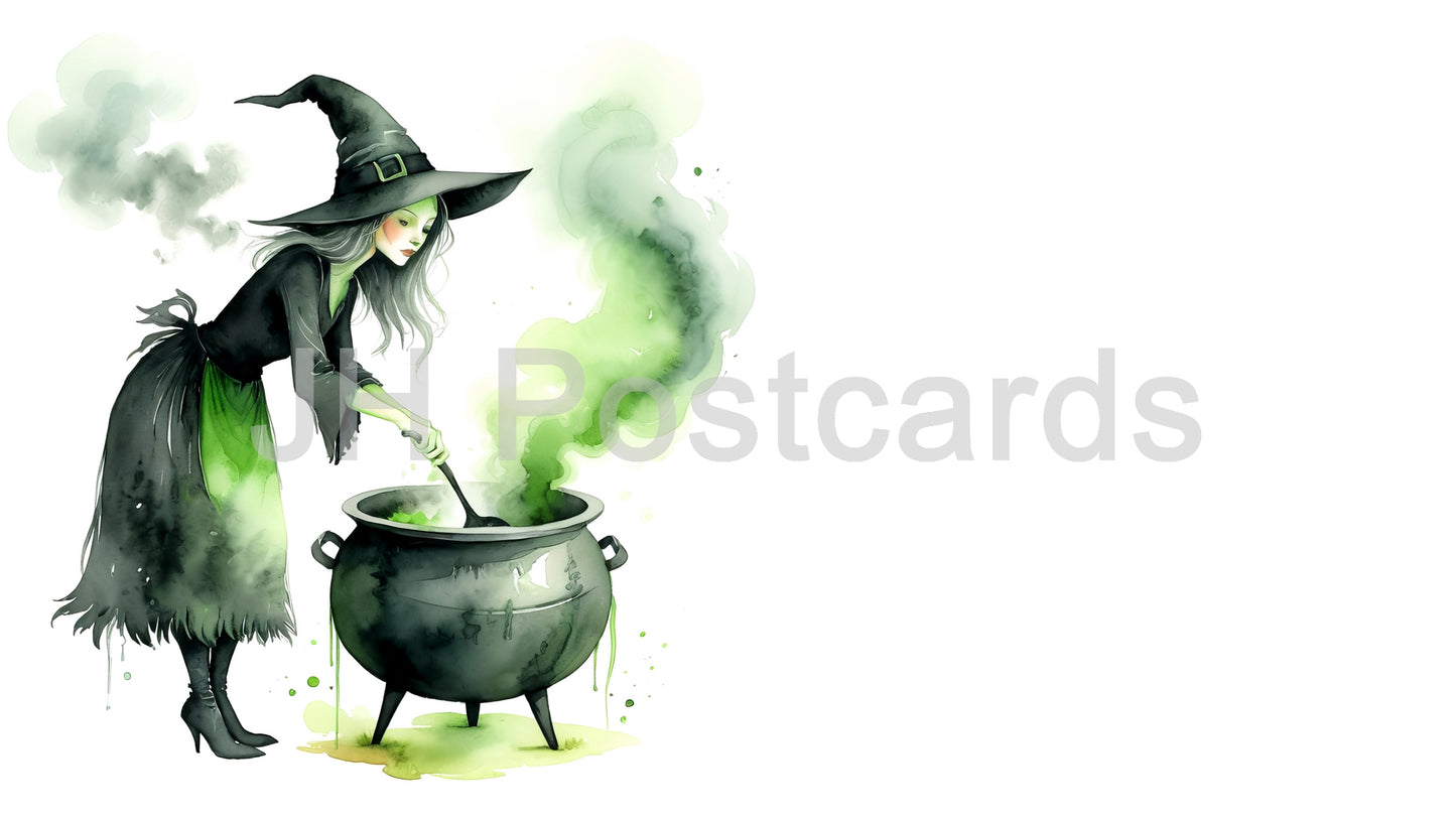 Image AI - Une scène de lancer de sorts effrayante : une image captivante d'une sorcière jetant un sort sur un chaudron de liquide vert bouillonnant. Halloween. Dessin. Art. Illustration. Espace de copie. 1