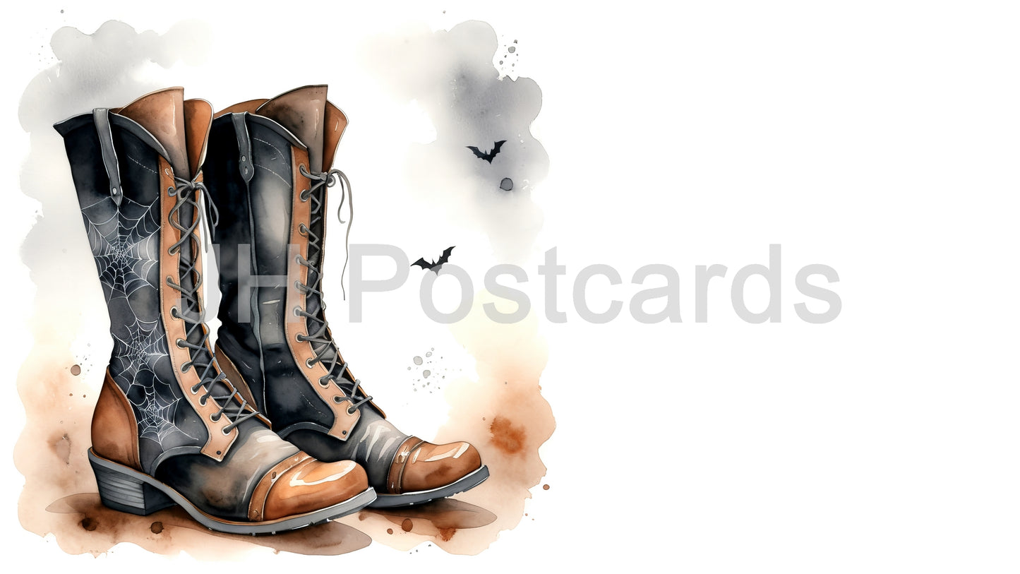 AI Image - A Haunting Pair of Boots: A spooky watercolor painting of a pair of boots adorned with cobwebs and bats, creating a mysterious and eerie atmosphere. Halloween. Drawing. Art. Illustration. Copy Space.