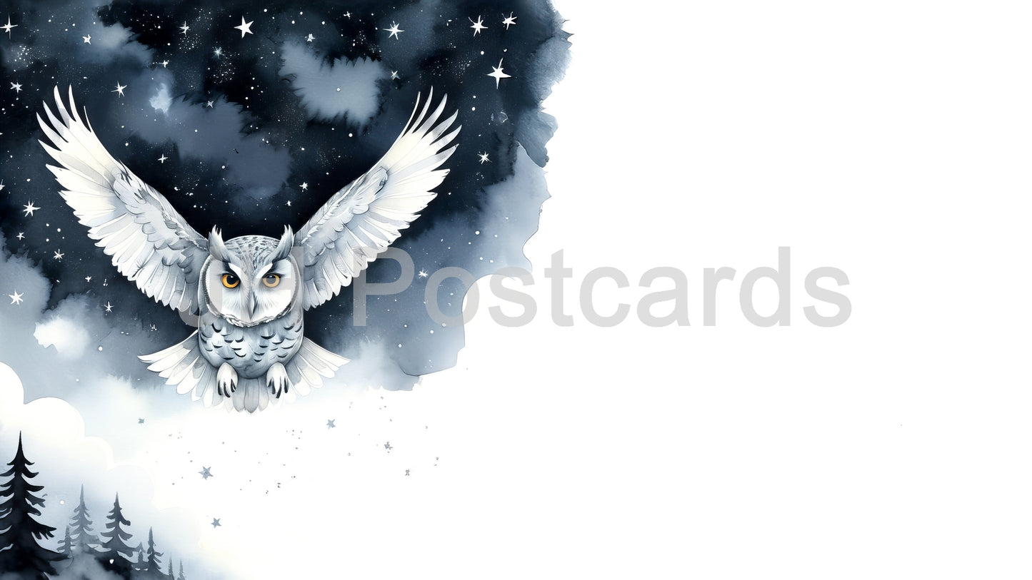 Image AI - Le vol nocturne d'un hibou des neiges : une aquarelle captivante d'un hibou des neiges planant dans un ciel nocturne étoilé. Halloween. Dessin. Art. Illustration. Espace de copie. 1