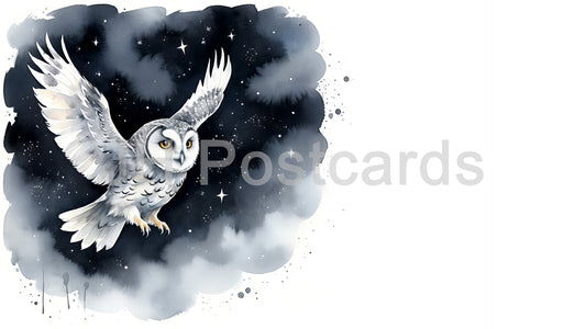 AI Image - A Snowy Owl's Midnight Flight: A captivating watercolor painting of a snowy owl soaring through a starlit night sky. Halloween. Drawing. Art. Illustration. Copy Space. 2