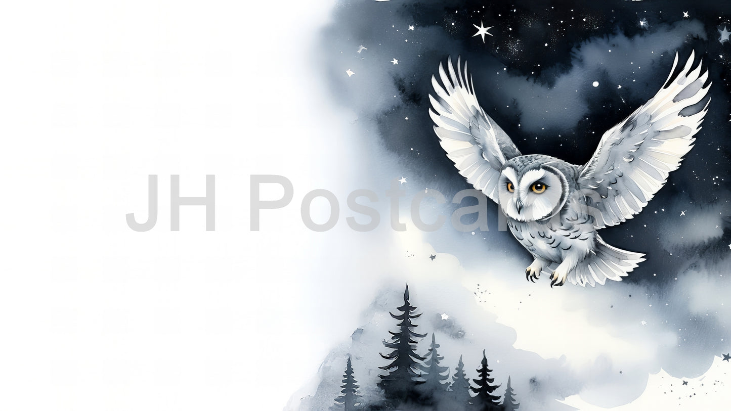 AI Image - A Snowy Owl's Midnight Flight: A captivating watercolor painting of a snowy owl soaring through a starlit night sky. Halloween. Drawing. Art. Illustration. Copy Space. 3