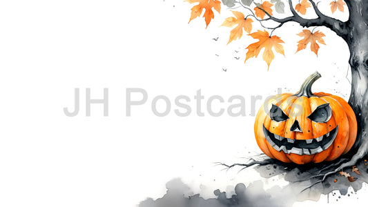 AI Image - Spooky Autumnal Scene: A captivating watercolor painting of a carved pumpkin nestled beneath a tree, surrounded by falling leaves. Halloween. Drawing. Art. Illustration. Copy Space. Jack-o'-lantern. 2