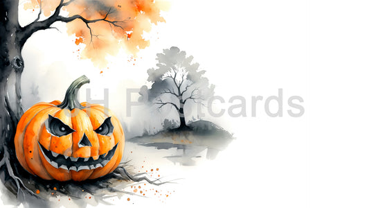 AI Image - Spooky Autumnal Scene: A captivating watercolor painting of a carved pumpkin nestled beneath a tree, surrounded by falling leaves. Halloween. Drawing. Art. Illustration. Copy Space. Jack-o'-lantern. 1