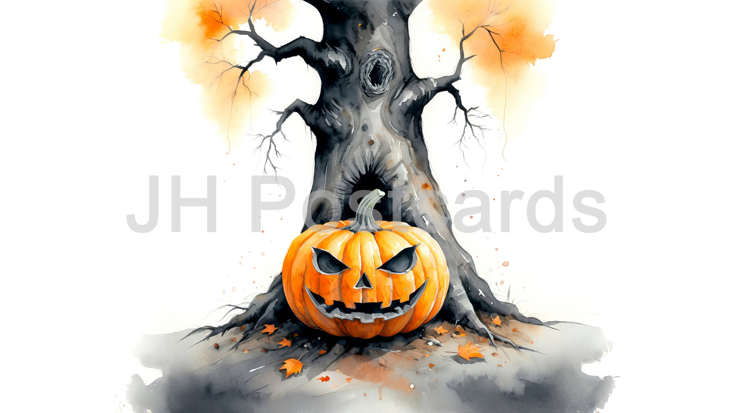 AI Image - Spooky Autumnal Scene: A captivating watercolor painting of a carved pumpkin nestled beneath a tree, surrounded by falling leaves. Halloween. Drawing. Art. Illustration. Jack-o'-lantern. 3