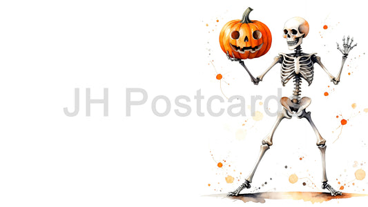 AI Image - A Skeletal Trick-or-Treater: A delightful watercolor painting of a skeleton holding a carved pumpkin. Halloween. Drawing. Art. Illustration. Copy Space. 2