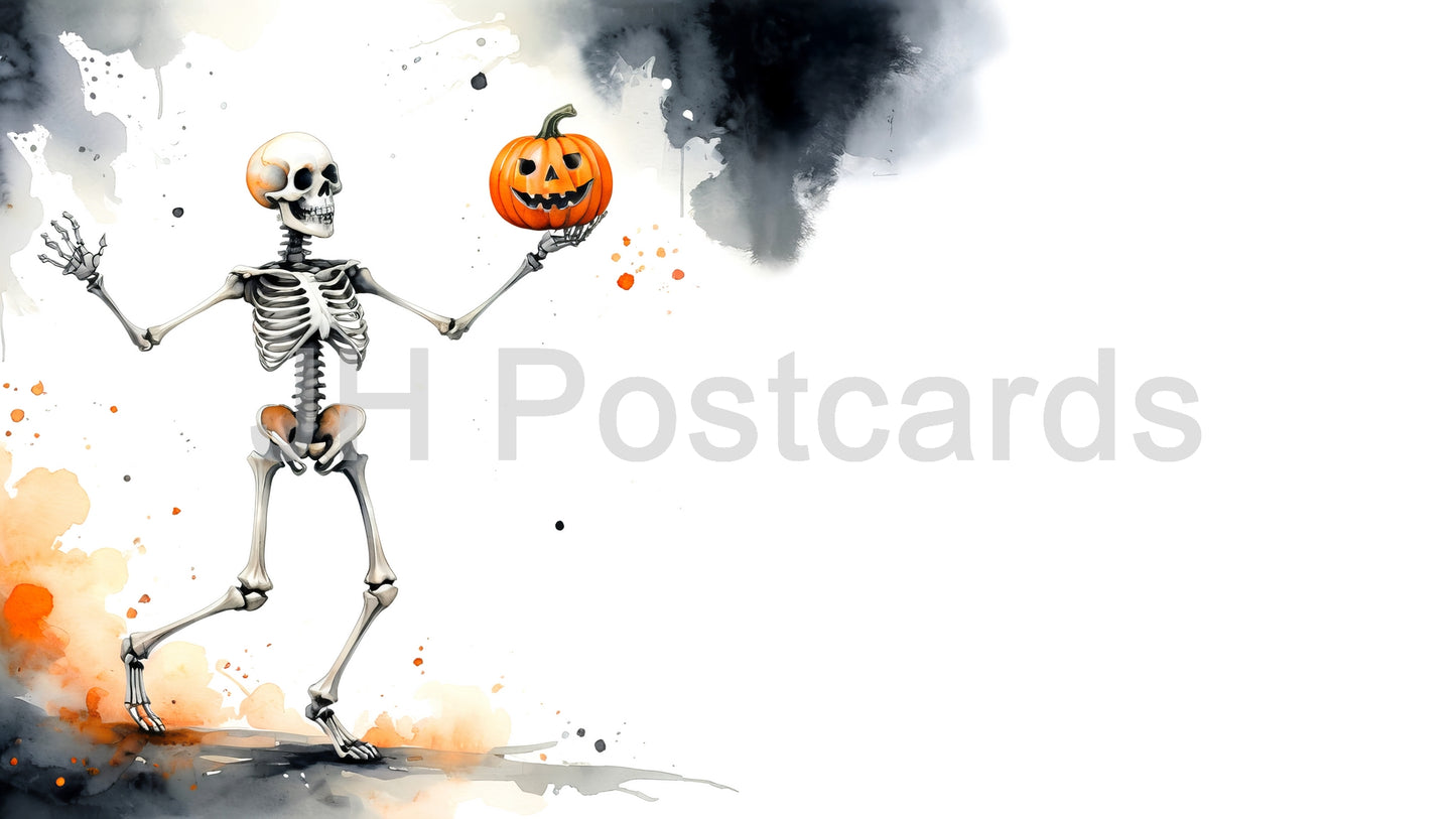 AI Image - A Skeletal Trick-or-Treater: A delightful watercolor painting of a skeleton holding a carved pumpkin. Halloween. Drawing. Art. Illustration. Copy Space. 1