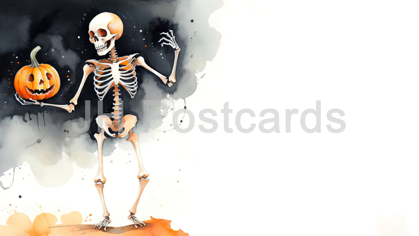 AI Image - A Skeletal Trick-or-Treater: A delightful watercolor painting of a skeleton holding a carved pumpkin. Halloween. Drawing. Art. Illustration. Copy Space. 3