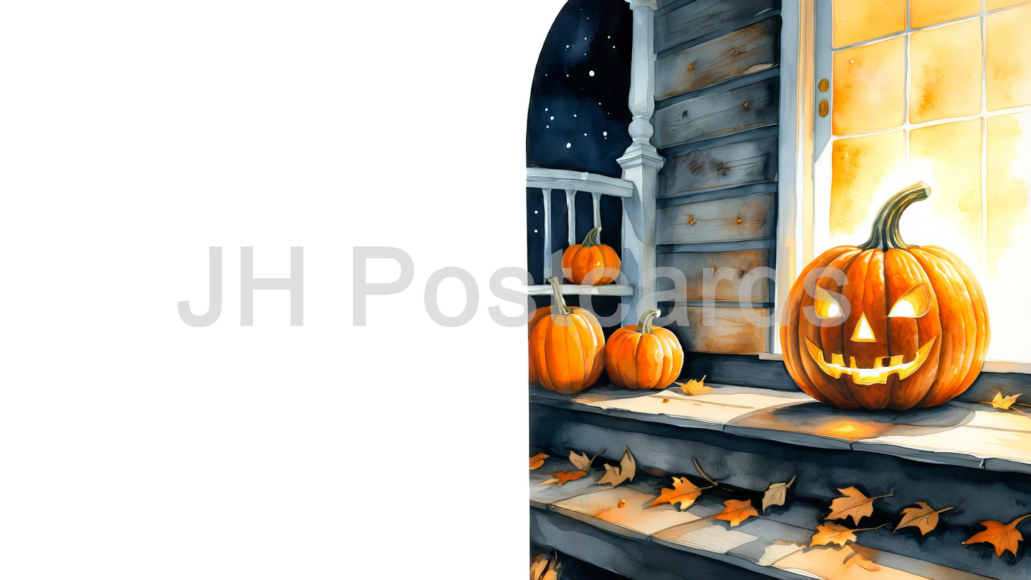 AI Image - A Haunted House's Welcome: A spooky watercolor painting of a glowing jack-o'-lantern on a porch step, inviting trick-or-treaters. Halloween. Drawing. Art. Illustration. Copy Space. 1