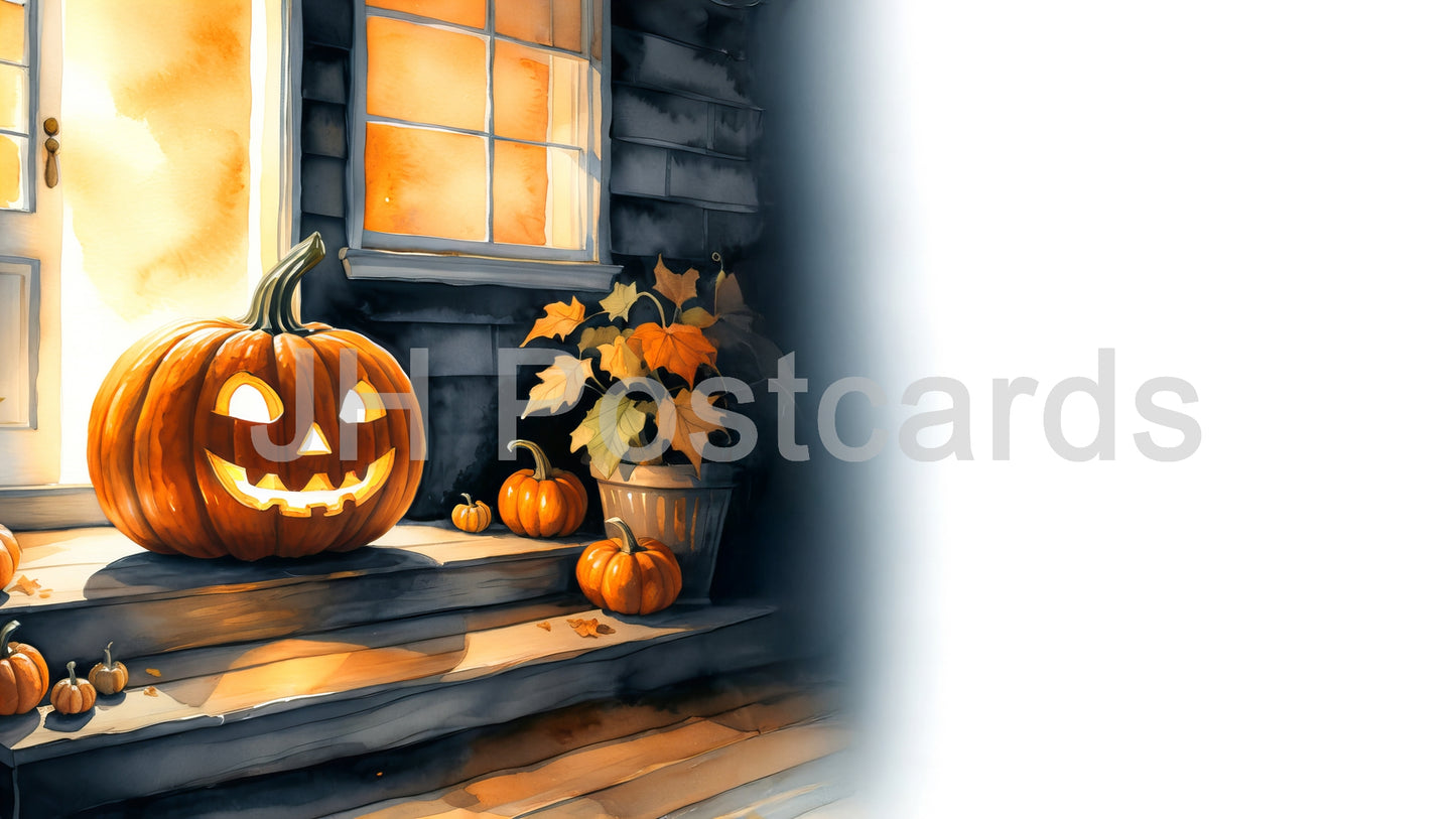 AI Image - A Haunted House's Welcome: A spooky watercolor painting of a glowing jack-o'-lantern on a porch step, inviting trick-or-treaters. Halloween. Drawing. Art. Illustration. Copy Space. 2