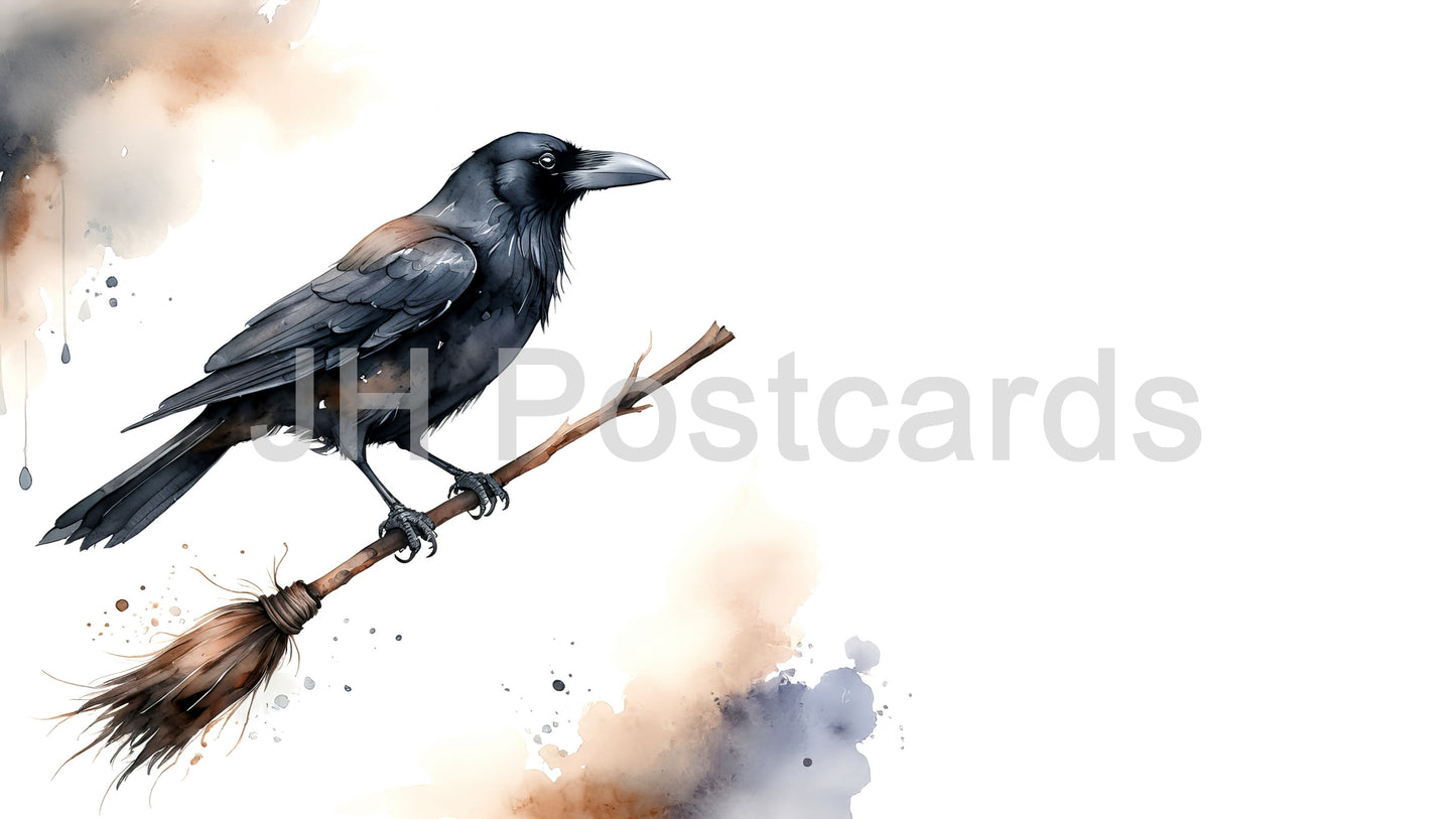 AI Image - A Raven's Witchcraft: A haunting watercolor painting of a raven perched on a broom. Halloween. Drawing. Art. Illustration. Copy Space.