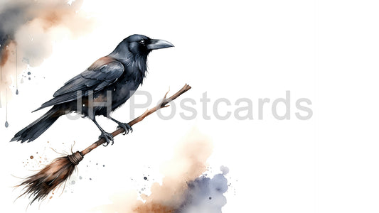 AI Image - A Raven's Witchcraft: A haunting watercolor painting of a raven perched on a broom. Halloween. Drawing. Art. Illustration. Copy Space.