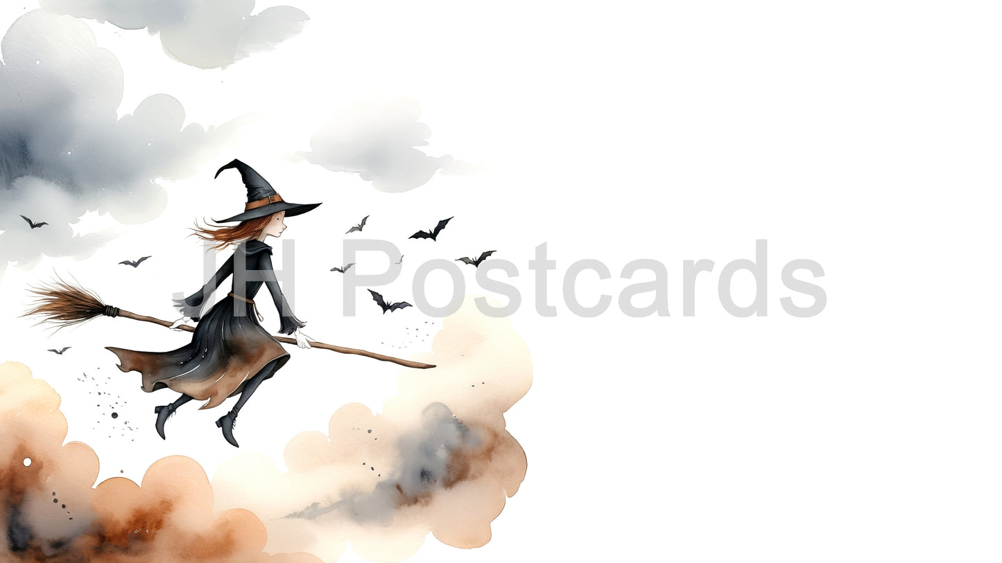 AI Image - A Magical Halloween Journey: A vibrant watercolor painting of a witch soaring through the clouds on her broom, surrounded by bats. Halloween. Drawing. Art. Illustration. Copy Space.