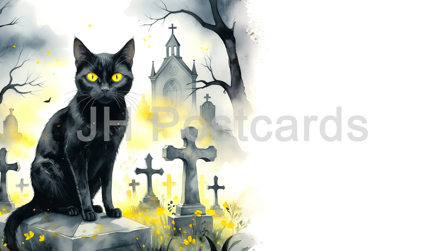 AI Image - A chilling watercolor painting of black cat perched atop a tombstone in a misty graveyard, surrounded by crosses and a distant church. Halloween. Drawing. Art. Illustration. Copy Space. 1