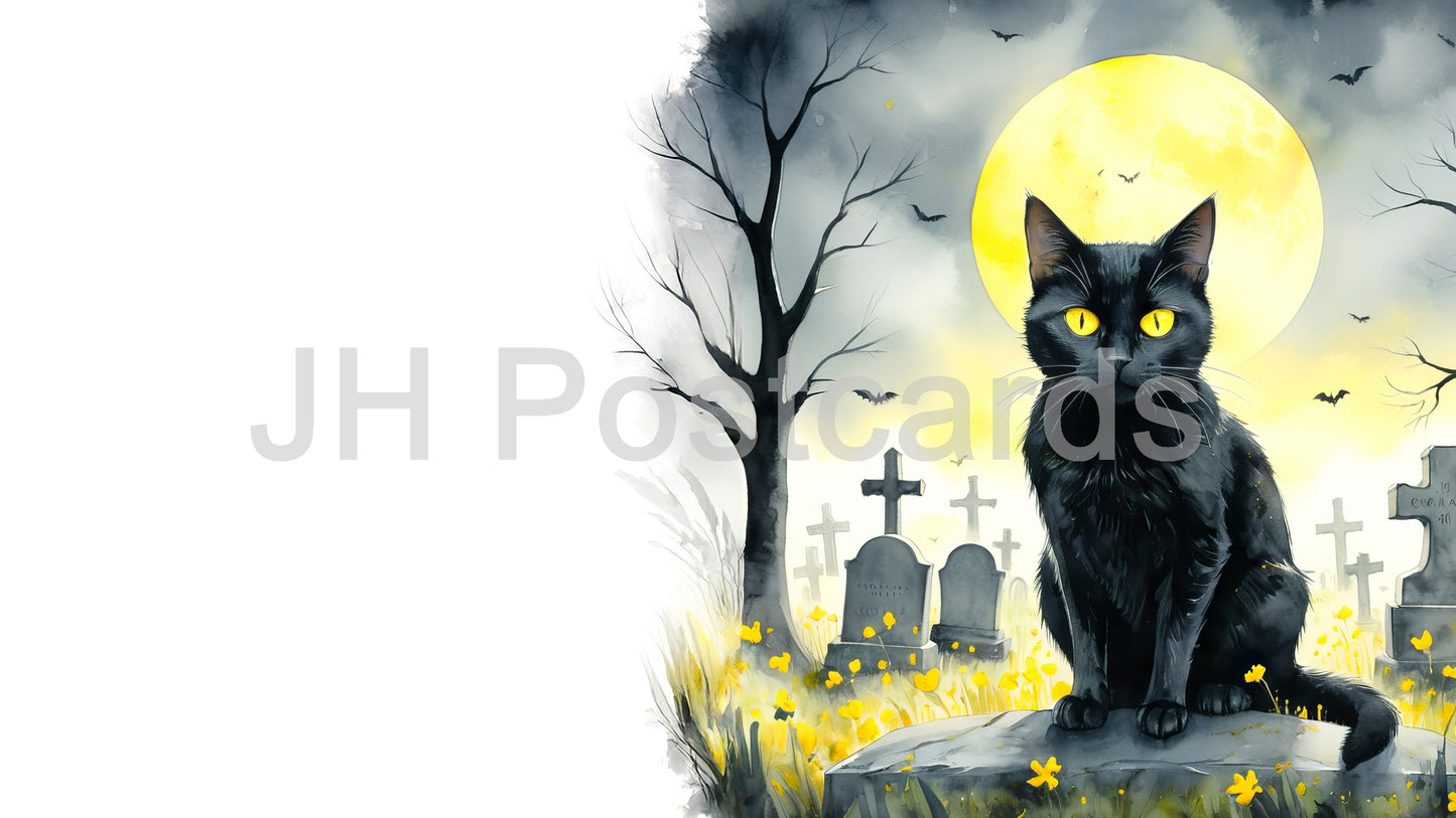 AI Image - A chilling watercolor painting of black cat perched atop a tombstone in a misty graveyard, surrounded by crosses and a distant church. Halloween. Drawing. Art. Illustration. Copy Space. 2