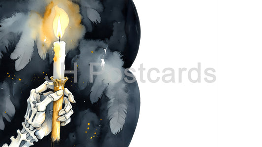 AI Image - Light in the Darkness: A dramatic image of a skeletal hand holding a candle. Halloween. Drawing. Art. Illustration. Copy Space.