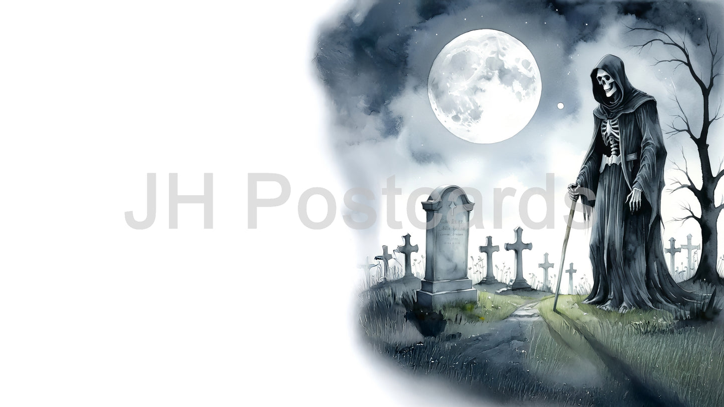 AI Image - The Grim Reaper's Watch: A haunting watercolor painting of the Grim Reaper standing in a moonlit graveyard. Halloween. Drawing. Art. Illustration. Copy Space.