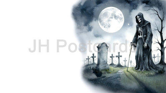 Image AI - La montre de la Grande Faucheuse : une aquarelle envoûtante de la Grande Faucheuse debout dans un cimetière au clair de lune. Halloween. Dessin. Art. Illustration. Espace de copie.