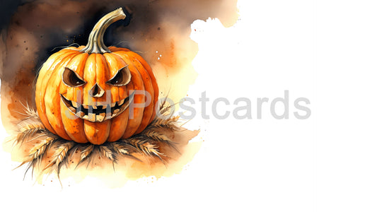 AI Image - A Spooky Harvest Surprise: A captivating watercolor painting of a carved pumpkin nestled in a field of wheat. Halloween. Drawing. Art. Illustration. Copy Space. Jack-o'-lantern. 1