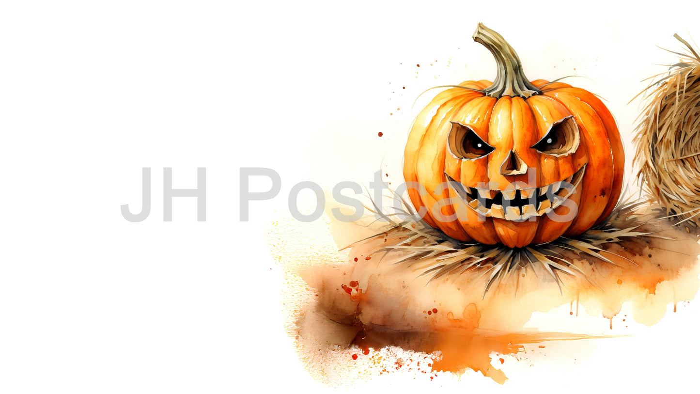 AI Image - A Spooky Harvest Surprise: A captivating watercolor painting of a carved pumpkin nestled in a field of wheat. Halloween. Drawing. Art. Illustration. Copy Space. Jack-o'-lantern. 2