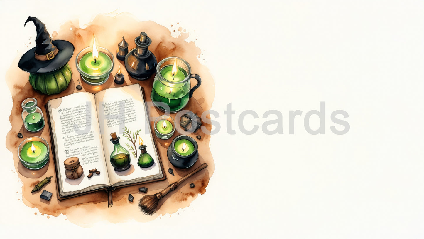 AI Image - A captivating watercolor painting of a witch's workspace, featuring a spellbook, candles, potions, and other magical tools. Halloween. Drawing. Art. Illustration. Copy Space.