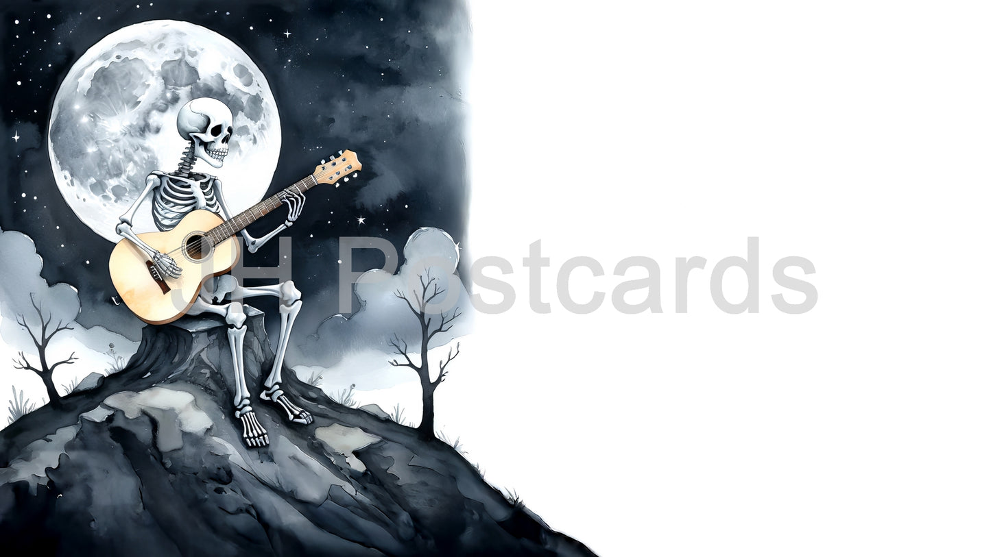 Image AI - Un musicien squelettique est assis au sommet d'un rocher sous la pleine lune, grattant une guitare acoustique dans une scène surréaliste et étrange. Halloween. Dessin. Art. Illustration. Espace de copie. 1