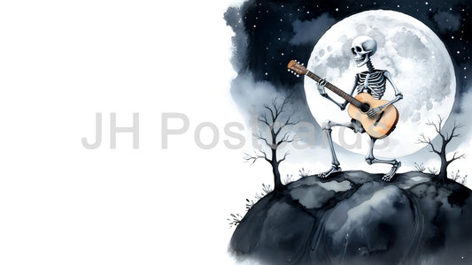 AI Image - A skeletal musician sits atop a rock under the full moon, strumming an acoustic guitar in a surreal, eerie scene. Halloween. Drawing. Art. Illustration. Copy Space. 2