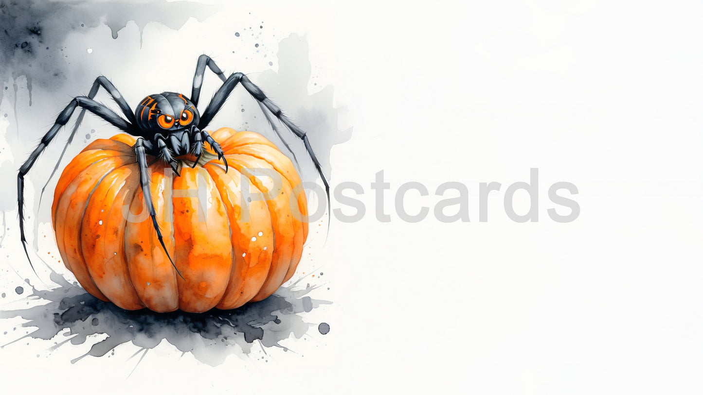 Image AI - Un duo effrayant pour Halloween : une aquarelle captivante représentant une citrouille avec une araignée qui rampe dessus. Halloween. Dessin. Art. Illustration. Espace de copie. Citrouille d'Halloween. 1