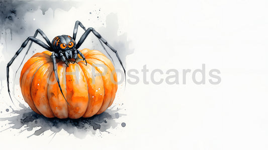 AI Image - A Spooky Halloween Duo: A captivating watercolor painting of a pumpkin with a spider crawling on it. Halloween. Drawing. Art. Illustration. Copy Space. Jack-o'-lantern. 1