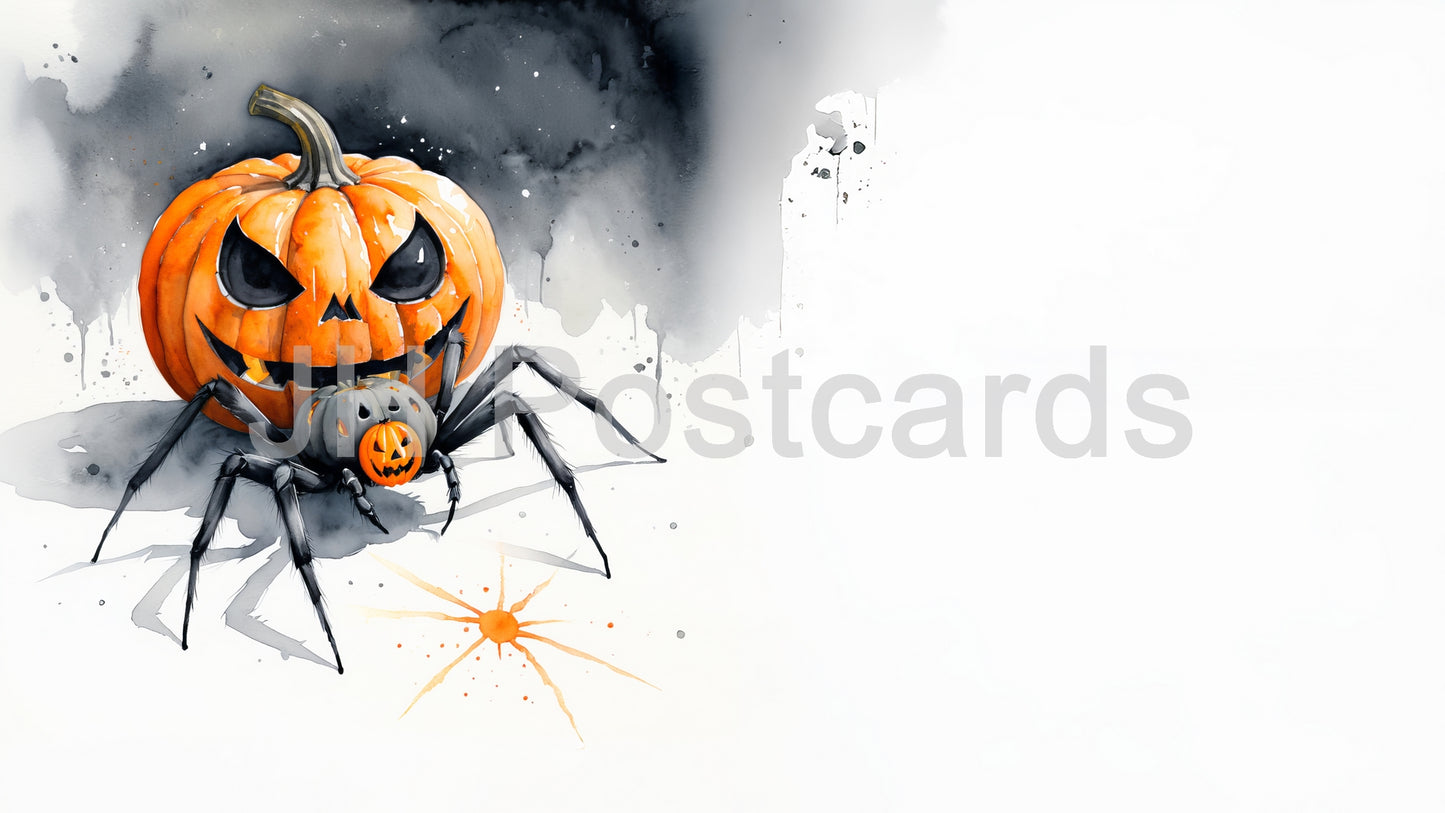 AI Image - A Spooky Halloween Duo: A captivating watercolor painting of a pumpkin with a spider crawling on it. Halloween. Drawing. Art. Illustration. Copy Space. Jack-o'-lantern. 2