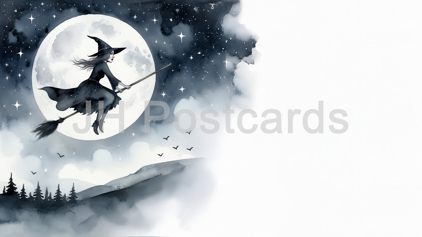 AI Image - A Witch's Flight Beneath the Moonlight: A haunting watercolor painting of a witch silhouetted against a luminous full moon. Halloween. Drawing. Art. Illustration. Copy Space.