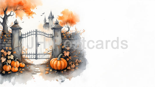 AI Image - A spooky watercolor painting of a wrought-iron gate leading to a mysterious castle, surrounded by autumn foliage and pumpkins. Halloween. Drawing. Art. Illustration. Copy Space.