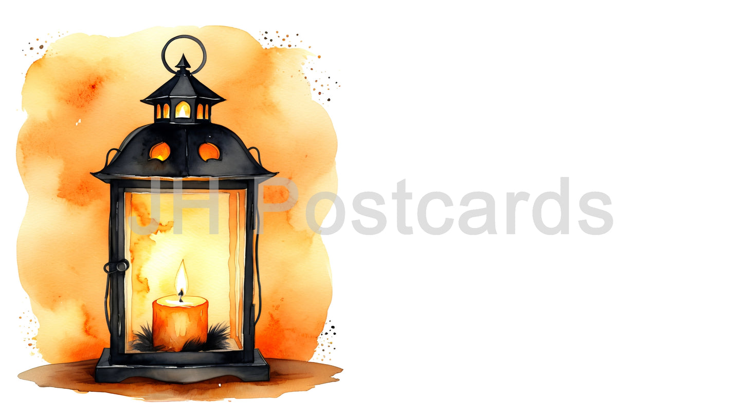 AI Image - A Warm Glow of Autumn: A cozy watercolor painting of a lantern with a flickering candle, casting a warm and inviting light. Halloween. Drawing. Art. Illustration. Copy Space. 2