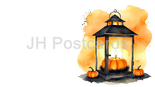 AI Image - A Warm Glow of Autumn: A cozy watercolor painting of a lantern with a flickering candle, casting a warm and inviting light. Halloween. Drawing. Art. Illustration. Copy Space. 1