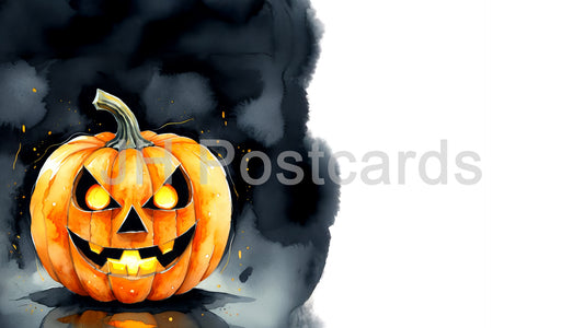 AI Image - Halloween Horror: A chilling watercolor painting of a jack o' lantern, its glowing eyes and menacing grin set against a dark, spooky background. Drawing. Art. Illustration. Copy Space.