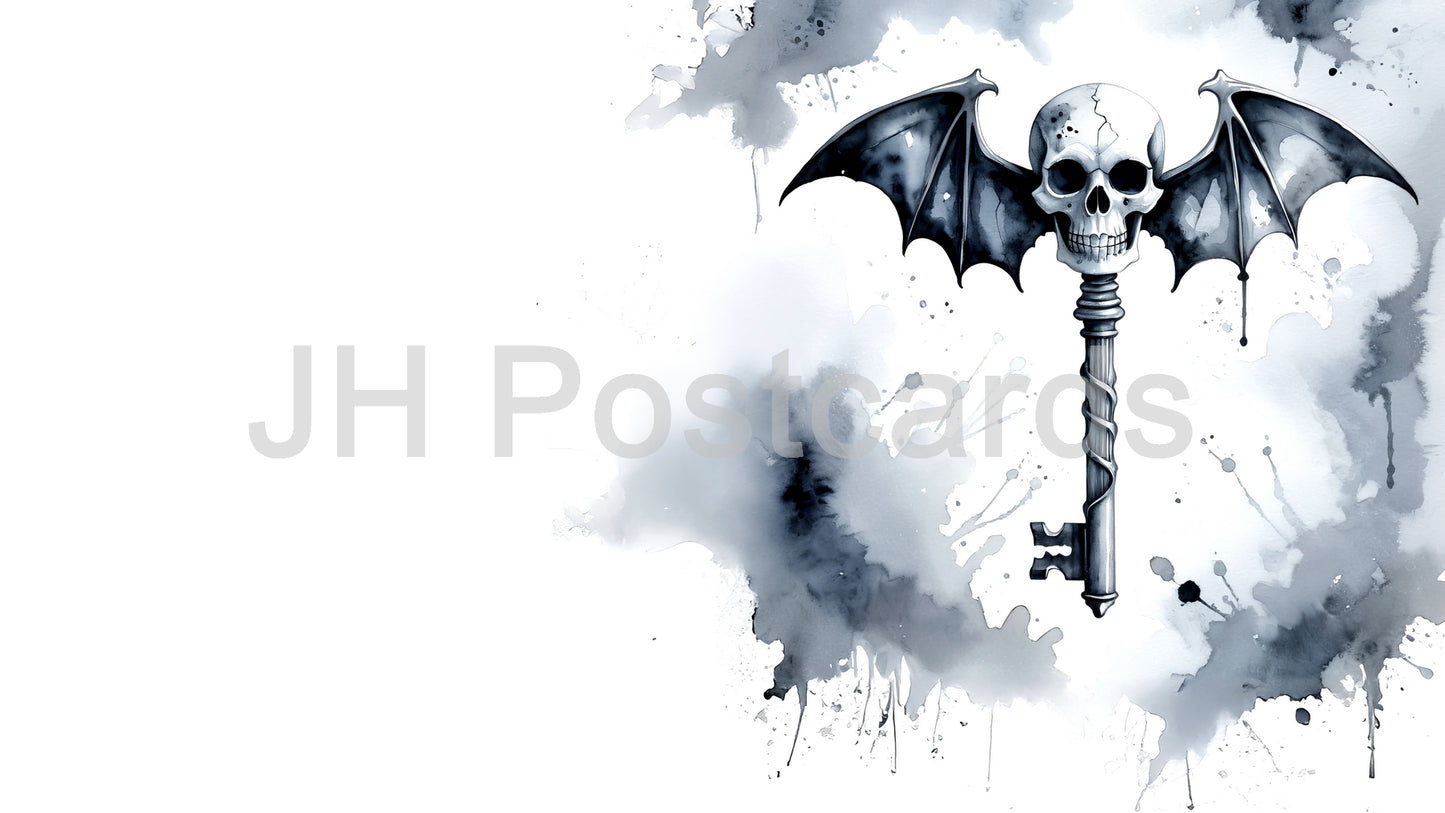 AI Image - Gothic Key to the Underworld: A chilling watercolor painting of a skull-shaped key with bat wings. Halloween. Drawing. Art. Illustration. Copy Space. 1