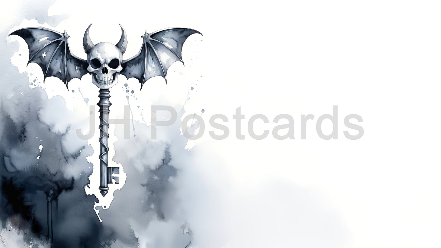 AI Image - Gothic Key to the Underworld: A chilling watercolor painting of a skull-shaped key with bat wings. Halloween. Drawing. Art. Illustration. Copy Space. 2