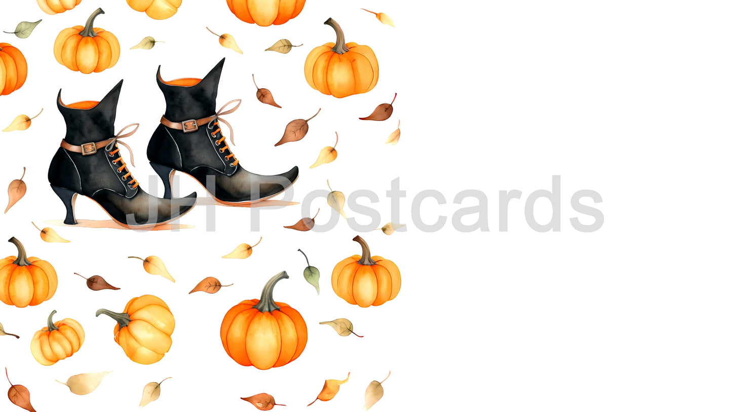 AI Image - Witchy Boots and Pumpkins: A charming watercolor painting of witch's boots and pumpkins. Halloween. Drawing. Art. Illustration. Copy Space. 1