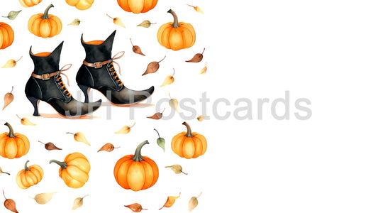 AI Image - Witchy Boots and Pumpkins: A charming watercolor painting of witch's boots and pumpkins. Halloween. Drawing. Art. Illustration. Copy Space. 1