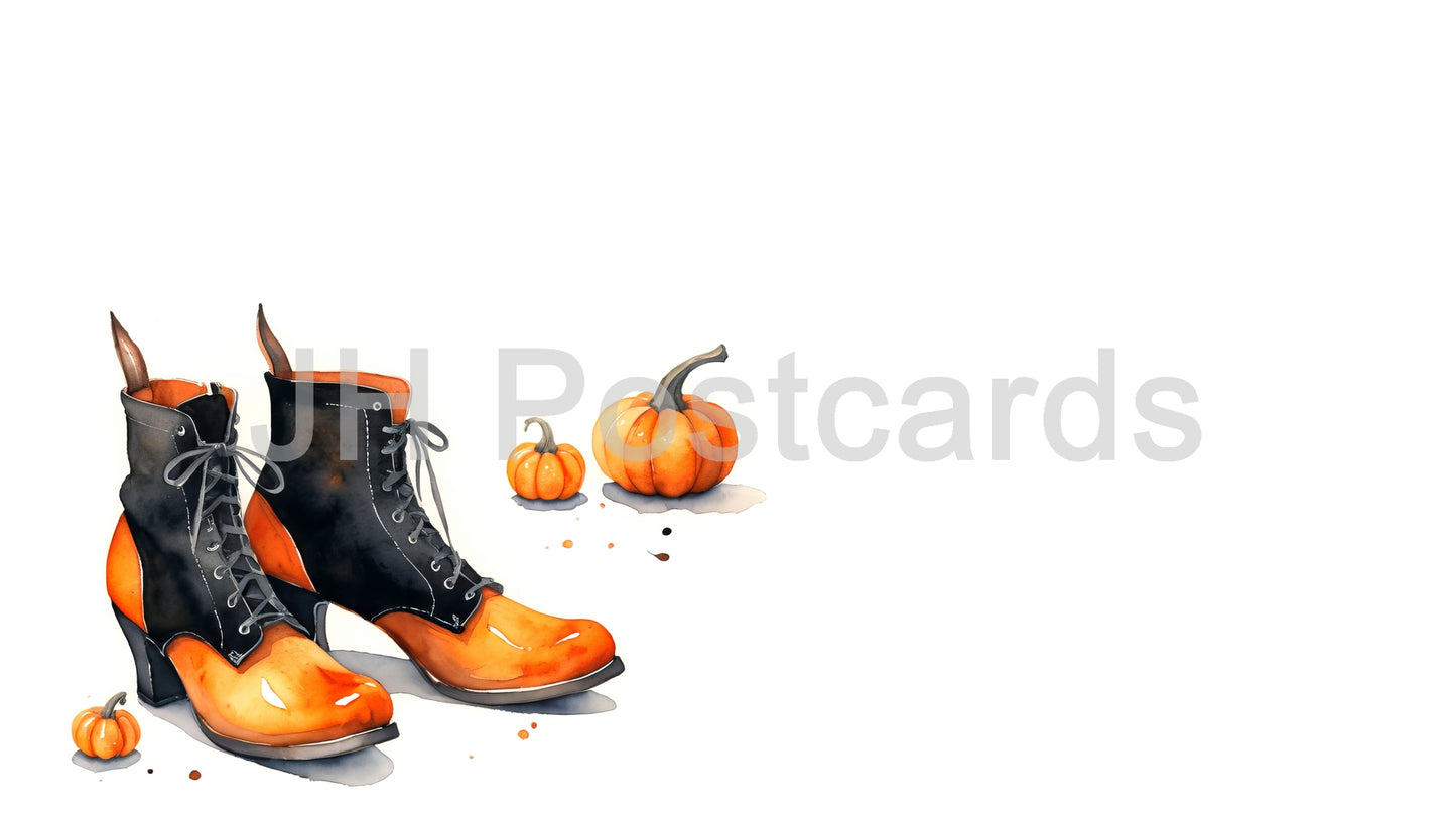 AI Image - Witchy Boots and Pumpkins: A charming watercolor painting of witch's boots and pumpkins. Halloween. Drawing. Art. Illustration. Copy Space. 2