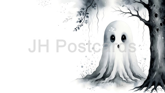 AI Image - Haunted Forest Spirit: A haunting watercolor illustration of a ghostly figure hiding behind a tree, creating a sense of mystery and fear. Halloween. Drawing. Art. Illustration. Copy Space. 1