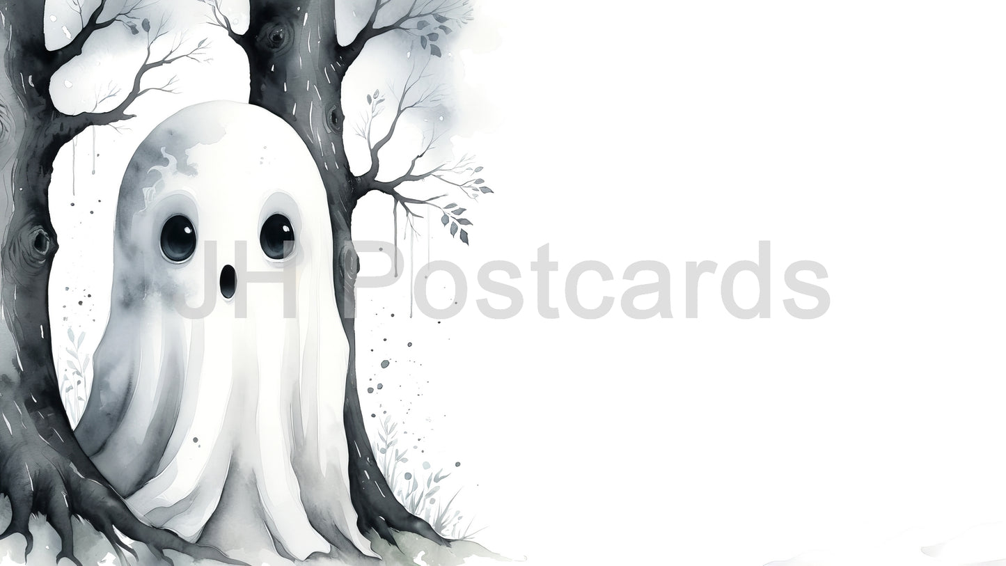 AI Image - Haunted Forest Spirit: A haunting watercolor illustration of a ghostly figure hiding behind a tree, creating a sense of mystery and fear. Halloween. Drawing. Art. Illustration. Copy Space. 2