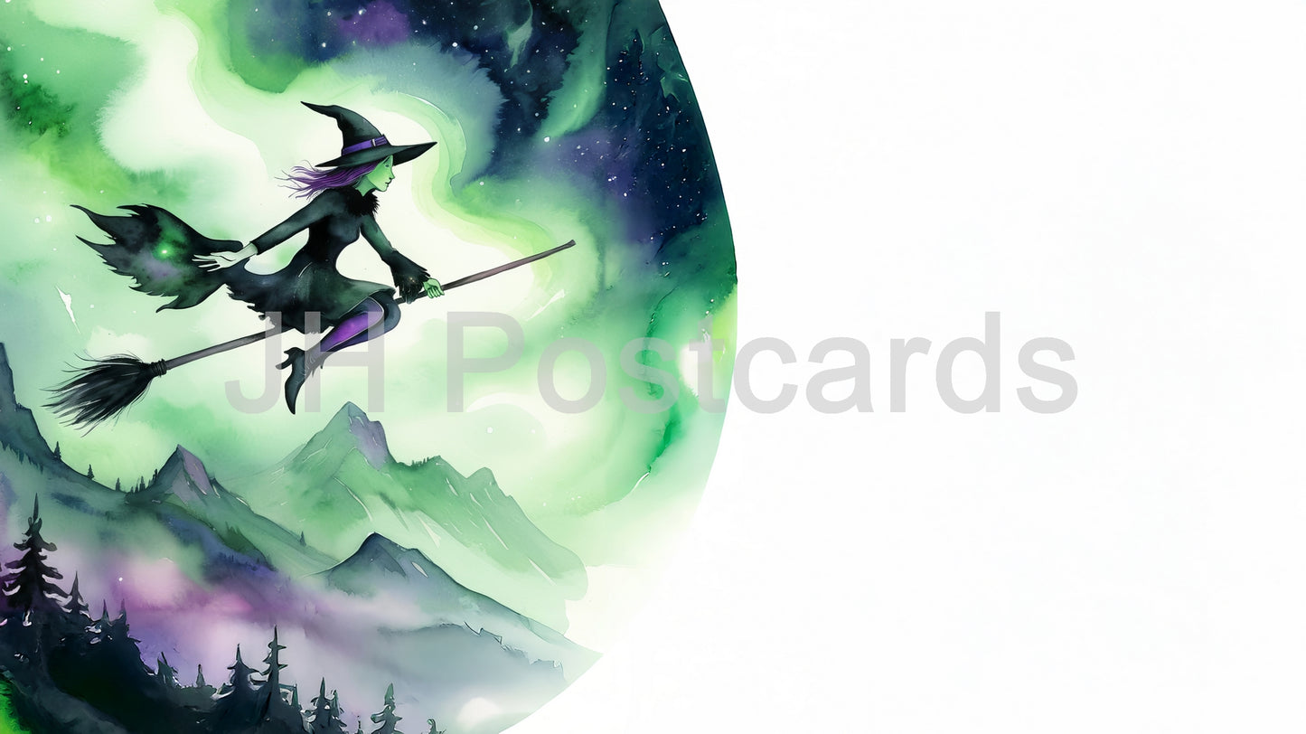 AI Image - Enchanted Witch Flight: A mesmerizing watercolor painting of a witch flying on a broom through a mystical landscape. Aurora Borealis. Halloween. Drawing. Art. Illustration. Copy Space.