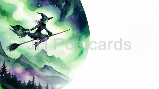 AI Image - Enchanted Witch Flight: A mesmerizing watercolor painting of a witch flying on a broom through a mystical landscape. Aurora Borealis. Halloween. Drawing. Art. Illustration. Copy Space.