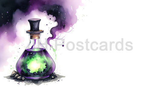 AI Image - Mysterious Potion Bottle: A captivating watercolor painting of a potion bottle filled with a glowing elixir. Halloween. Drawing. Art. Illustration. Copy Space. 1