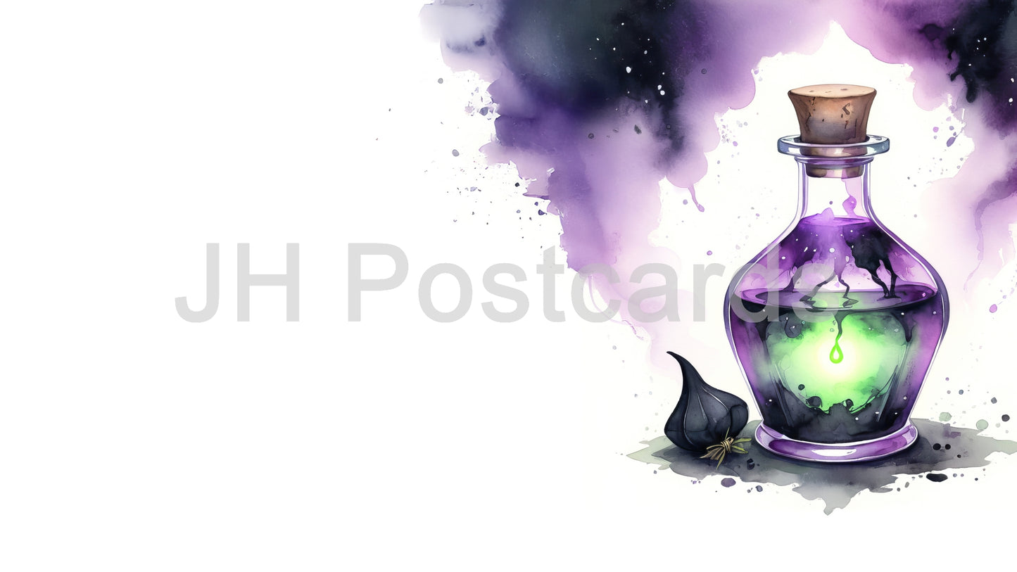 AI Image - Mysterious Potion Bottle: A captivating watercolor painting of a potion bottle filled with a glowing elixir. Halloween. Drawing. Art. Illustration. Copy Space. 2