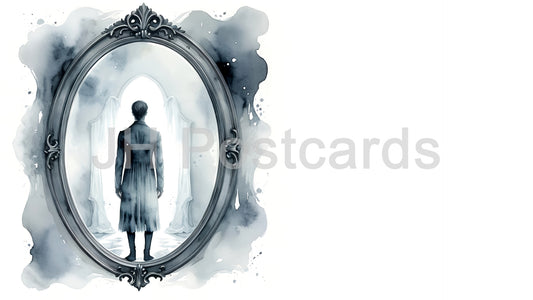 AI Image - AI Image - Haunting Reflection: A haunting watercolor illustration of a man reflected in a mirror, surrounded by a dark and ominous atmosphere. Halloween. Drawing. Art. Illustration. Copy Space. 1