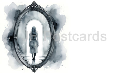 Image AI - Reflet obsédant : Une illustration aquarelle obsédante d'une femme reflétée dans un miroir, entourée d'une atmosphère sombre et menaçante. Halloween. Dessin. Art. Illustration. Espace de copie. 2